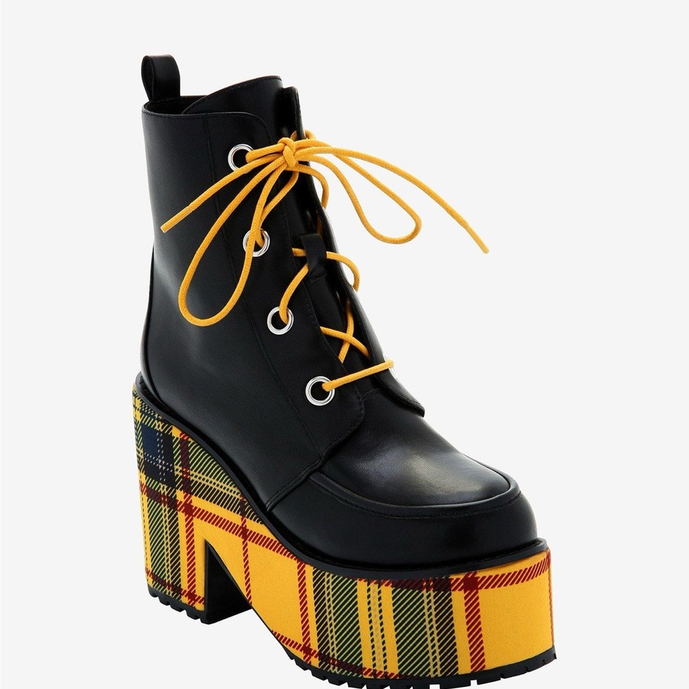 Black and Yellow Plaid Platform Boots